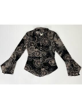 Vintage Y2K BeBe Sheer Lace Button Up Blouse Dramatic Bell Sleeve Black Tan Med